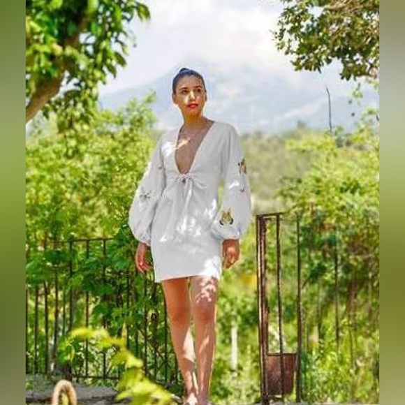 NWT Fanm Mon Larson Embroidered Long Sleeve VNeck Mini White Cotton Dress Sz XL - Picture 16 of 16